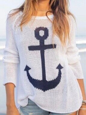 Wooden Ships Anchor Knit Sweater Women Small Medium Cream Nautical Coastal